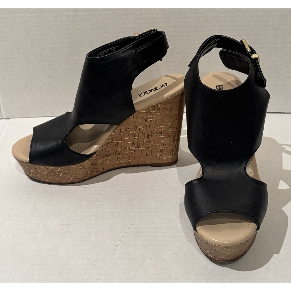 VTG Y2K Bongo Bella Wedge Faux Leather Chunky  Sandals Black Women’s Size 6.5